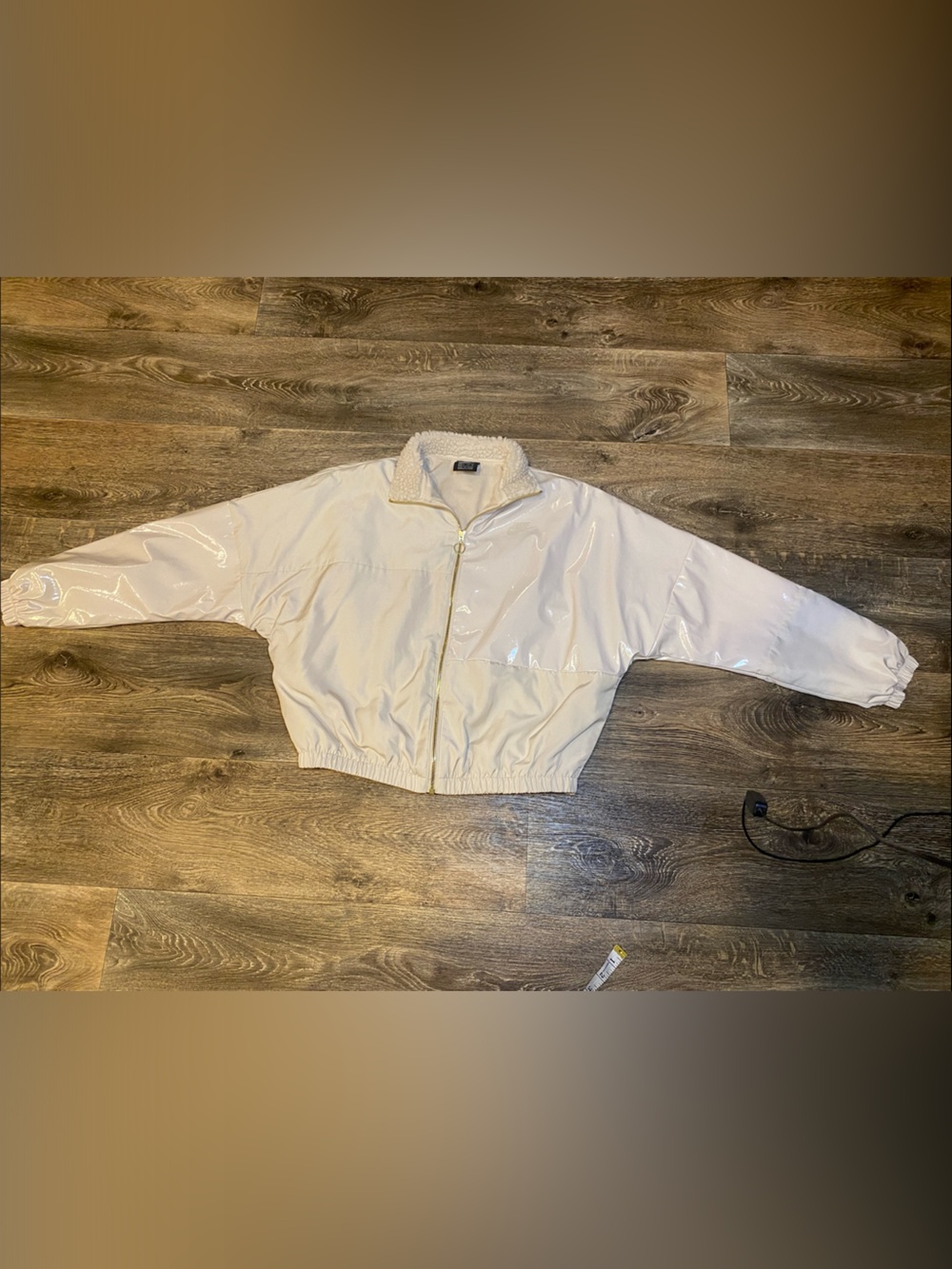 Nike White Glossy Bomber Jacket with Sherpa Collar